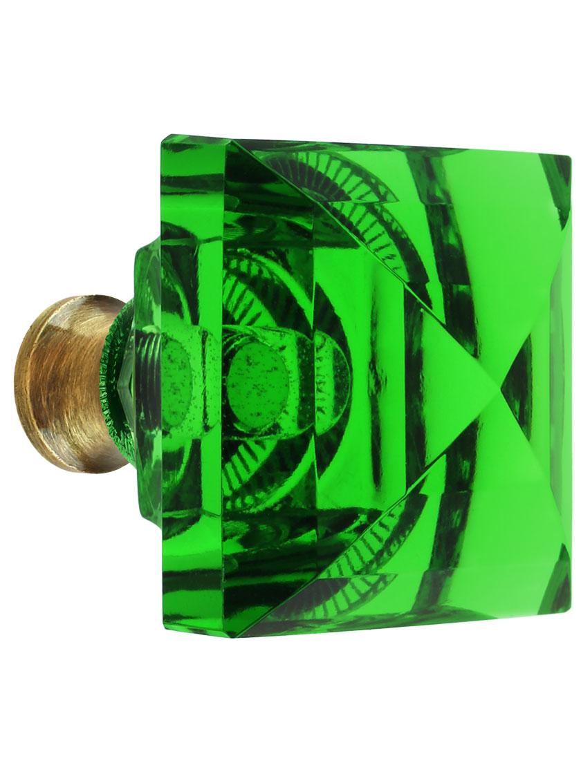 Green Lead-Free Square Crystal Knob with Solid Brass Base in Antique Brass.